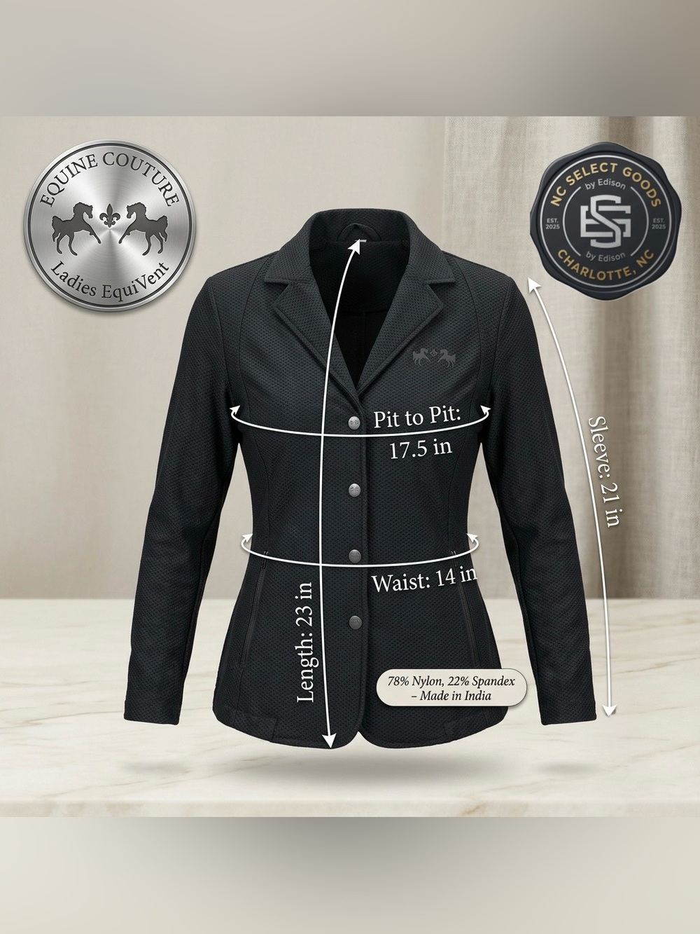 Equine Couture EquiVent Ladies Show Jacket Black Equestrian Blazer Size S 17.5⁠